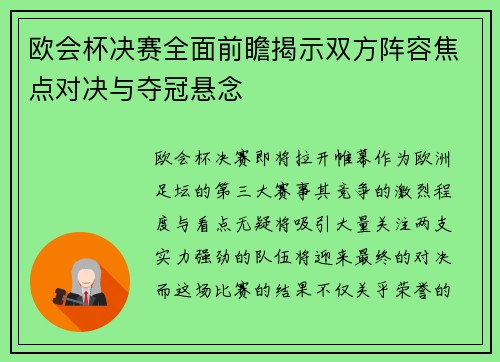 欧会杯决赛全面前瞻揭示双方阵容焦点对决与夺冠悬念